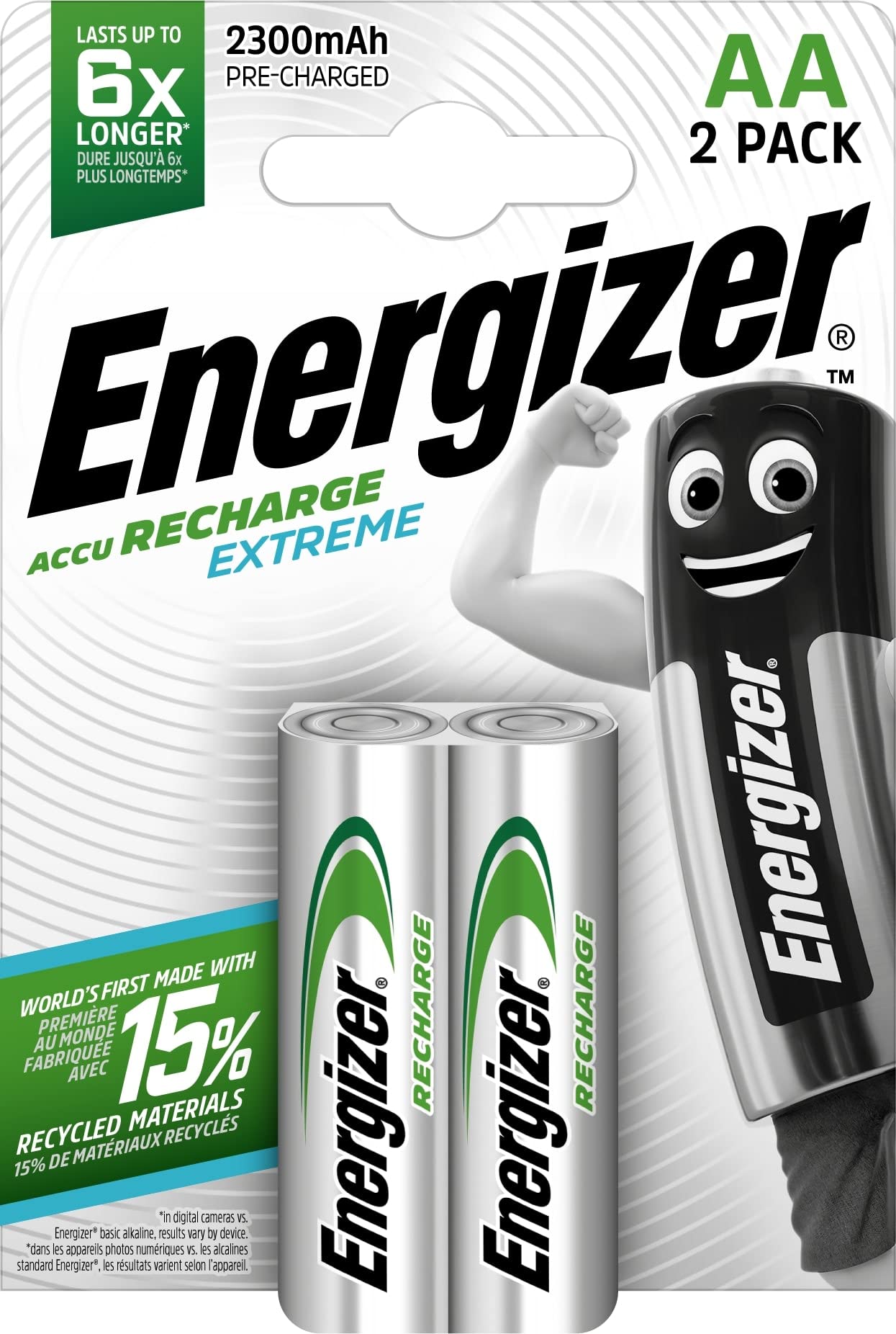Energizer Extreme Şarj Edilebilir AA 2'li Pil, Krom/Siyah/Kırmızı