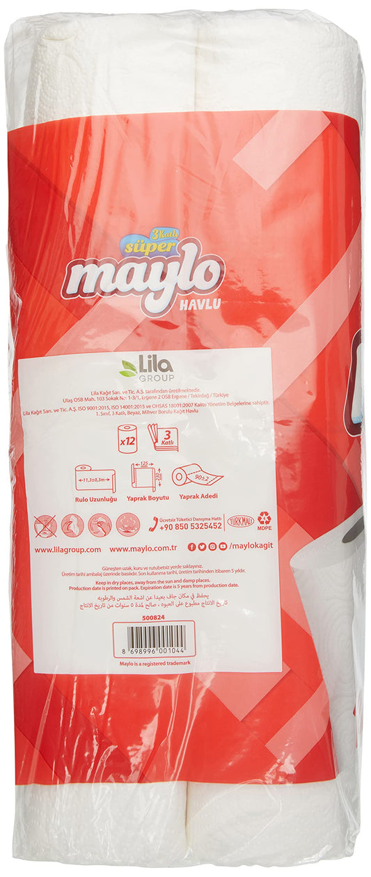 Süper Maylo 3 Katlı Kağıt Havlu 12'Li, 1 Paket (1 X 12 Adet)