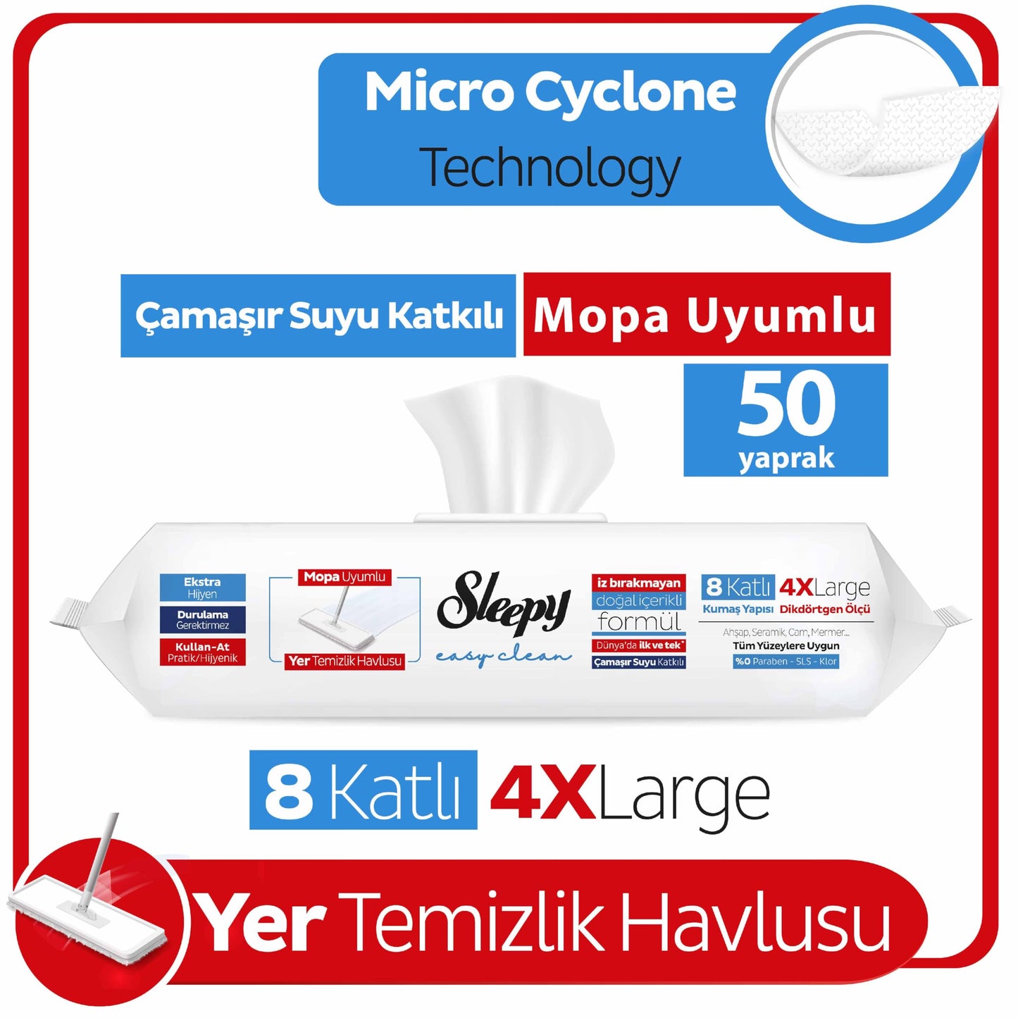 Sleepy Easy Clean Çamaşır Suyu Katkılı Mopa Uyumlu Yer Temizlik Havlusu 50 Yaprak Mop Aparatı Slim Bez