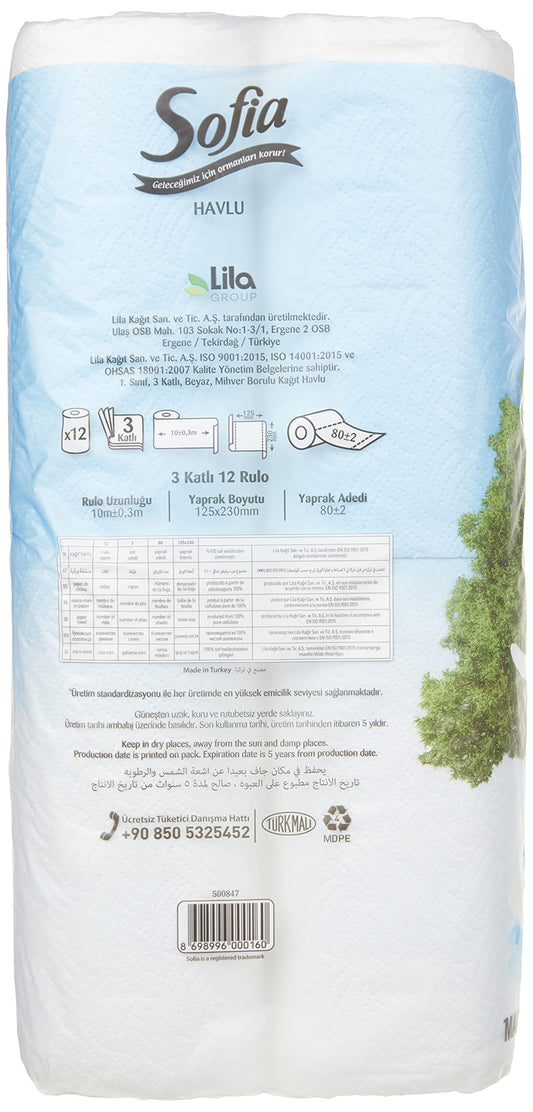 Sofia 3 Katlı Kağıt Havlu 12'Li, 1 Paket (1 X 12 Adet)
