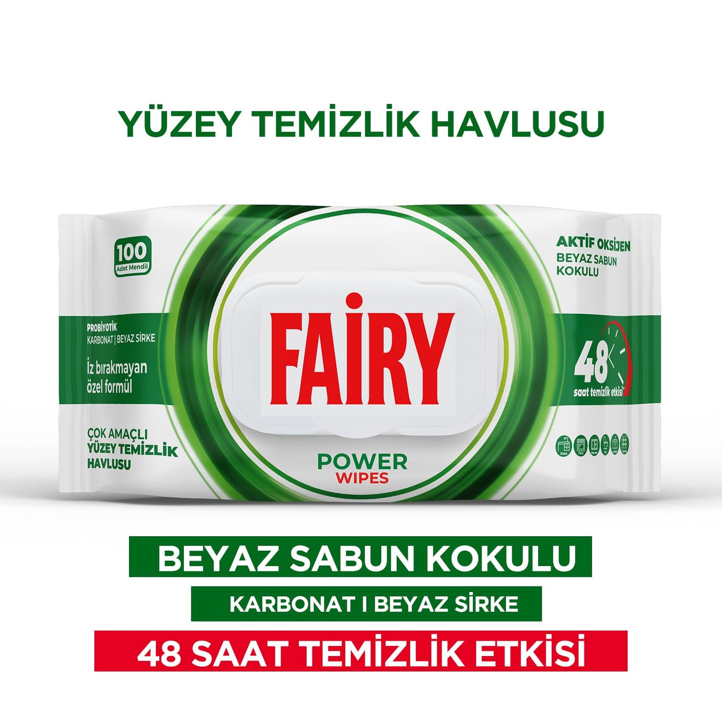 Fairy Çok Amaçlı Yüzey Temizlik Havlusu 100 Yaprak | Beyaz Sabun | Beyaz Sirke & Karbonat | 48 Saat Temizlik Etkili | İz Bırakmayan Formül