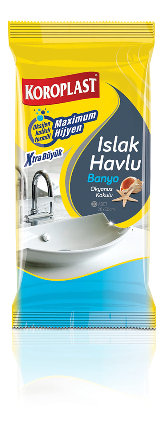 Koroplast Islak Banyo Temizlik Havlusu 30'lu, Kireç ve Kir Karşıtı Yüzey Temizleme Havlusu, Banyo Temizliği için Hijyenik Yüzey Temizleme Mendili, Lavabo, Tuvalet, Klozet, Duş, Küvet için Islak Havlu